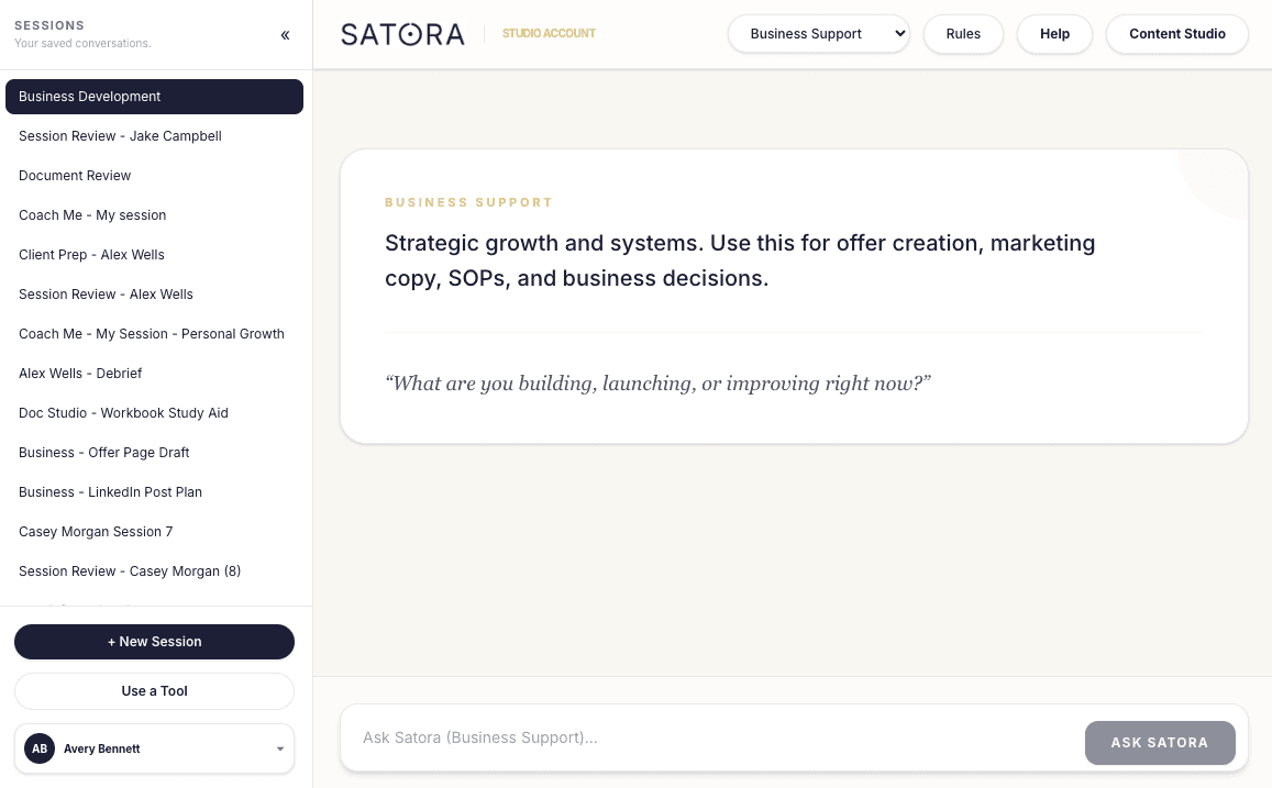 Business Support mode intro screen in Satora